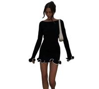 SYLDMKJ Robe Habillée Femme Mini Robe en Tricot pour Femmes Robe Féminine À Volants-Mini-Robe Noire-S