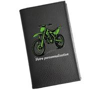 Syl'la - Etui Carte Grise Porte-papiers Voiture Cuir Noir pour Homme Moto Cross Vert Personnalisé avec Prenom