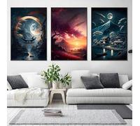SYLUOQP 3pcs Affiches murales,représentant Un Paysage de cerisiers en Fleurs, Un Coucher de Soleil Nocturne et Une décoration d'intérieur Peinture, sans Cadre,50x70cm