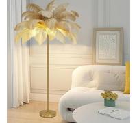 SYLUOQP Lampe sur Pied en Plumes d'autruche Naturelles, lampadaire en Plumes, Lampe de décoration Simple pour Chambre à Coucher et Salon, Corps de Lampe doré, intensité Variable,Beige