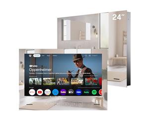 SYLVOX 24 Pouces Smart TV Étanche IP65, Téléviseur Miroir pour Salle de Bain | 12V Google TV 1080P, 500 nits|Télécommande Vocale DVB-T/S2/T2|Design Encastré pour Salles de Bains, Hôtels, Saunas