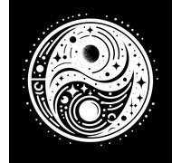 Symbole cosmique Yin Yang, galaxies en rotation, étoiles, satellites Décorations murales en vinyle 67.2x69cm Embellissement mural Blanc