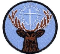 Symbole de St Hubert - Le Saint patron des chasseurs - Écusson brodé rond - 5,7 cm - À coudre ou à repasser (fond bleu)