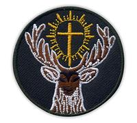 Symbole de St Hubert - Le saint patron des chasseurs - Écusson brodé rond - 5,7 cm - À coudre ou à repasser (fond vert foncé)