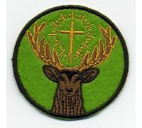 Symbole de St Hubert - Le Saint patron des chasseurs - Écusson brodé rond - 5,7 cm - VeIcro/Crochet et Boucle (fond vert olive)