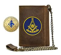Symboles Freemasons Symboles Travel ID Portefeuilles à chaîne courte, Horaire de carte de crédit de grande capacité en cuir authentique complet, Gift masculin de luxe masculin, brun vintage, C