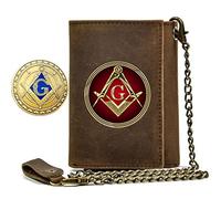 Symboles Freemasons Symboles Travel ID Portefeuilles à chaîne courte, Horaire de carte de crédit de grande capacité en cuir authentique complet, Gift masculin de luxe masculin, brun vintage, R