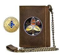Symboles Freemasons Symboles Travel ID Portefeuilles à chaîne courte, Horaire de carte de crédit de rodéo ouest en cuir véritable en cuir complet, Gift masculin de luxe Slim Purse pour hommes, brun