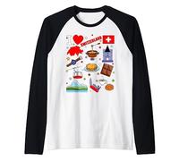 Symboles suisses dessinés à la main, carte de la Suisse, icônes culturelles Manche Raglan