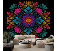 Symétrie Géométrique Papier Peint Intissé 3D Fleurs De Mandala De Plantes Mur Photo Murales, Noir Papier Peint Panoramique Muraux Pour Salon Tv Canapé Thème Hôtel Luxe Couloir Fond Pein 400 x 280 cm