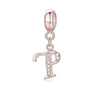 Symretie Pendentif Initiale P en Argent 925 à Finition Or Rose pour Femme, Compatible avec les Bracelets et Colliers de Style Pandora et Européen. Convient aux Femmes et aux Filles.