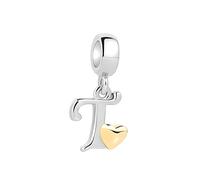 Symretie Pendentif Initiale T avec Cœur Doré en Argent 925 pour Femme, Compatible avec les Bracelets et Colliers de Style Pandora et Européen. Convient aux Femmes et aux Filles.