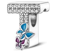 Symretie Pendentif Initiale T avec Papillon en Argent 925 pour Femme, Compatible avec les Bracelets et Colliers de Style Pandora et Européen. Convient aux Femmes et aux Filles.