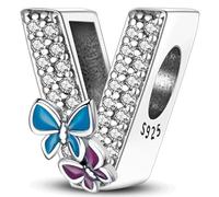 Symretie Pendentif Initiale V avec Papillon en Argent 925 pour Femme, Compatible avec les Bracelets et Colliers de Style Pandora et Européen. Convient aux Femmes et aux Filles.