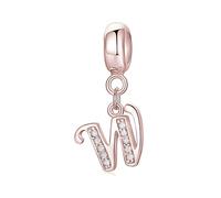 Symretie Pendentif Initiale W en Argent 925 à Finition Or Rose pour Femme, Compatible avec les Bracelets et Colliers de Style Pandora et Européen. Convient aux Femmes et aux Filles.
