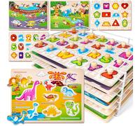 SYNARRY Puzzle en Bois Enfant 1 2 3 Ans, 6 pcs Jeux Puzzles Bébé, Jouet Éducatif d'éveil Montessori pour Garçons Filles, Alphabet Nombre Forme Véhicules Dinosaure Animal Apprendre des Cadeaux de Jeu