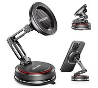 SYNCWIRE Support Voiture MagSafe [Conception Pliable Double à 3 Axes] Support Téléphone à Ventouse Puissante, Rotation à 360°, Compatible avec Les iPhone Série 12 à 17 & Coques MagSafe, Carbone