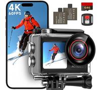 syndesmos Action Cam 4K 60FPS, Caméra sous-marine 40 m, caméra sous-marine HD 30 MP 2 écrans LCD, étanche EIS écran tactile avec carte 64 Go, télécommande 2,4 G, kit d'accessoires