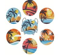 Syntego Lot de 6 Dessous de Verre Peinture Diamant 5D Motif Palmier et Coucher de Soleil - Design Rond, kit DIY créatif, activité Manuelle relaxante et décoration de Table