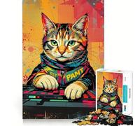 Synthwave Cool DJ Cat - Neon Beats ﹨u Pixel Paws Puzzle de 1000 pièces pour Adultes, Puzzle de mémoire, Montage Lent et agréable, Cadeau créatif 38x52cm