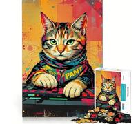 Synthwave Cool DJ Cat - Neon Beats ﹨u Puzzle Pixel Paws 1000 pièces pour Adultes Jeu Intelligent d'intérieur Découpe précise 38x26cm