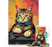 Synthwave Cool DJ Cat - Neon Beats ﹨u Puzzle Pixel Paws 1000 pièces pour Adultes, Stimulation de la mémoire, Moment de détente, Assemblage d'images, œuvre d'art 50x75cm