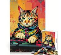 Synthwave Cool DJ Cat - Neon Beats ﹨u Puzzle Pixel Paws 1000 pièces pour Adultes, Stimulation de la mémoire, Moment de détente, Assemblage d'images, œuvre d'art 50x75cm