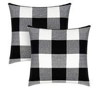 Syntus Set of 2 Buffalo Check Throw Pillow Covers Farmhouse Outdoor Plaid Square Pillow Cushion Case Black and Red Cotton Linen for Home Easter Decor Car Bed Sofa, 18 x 18 inches