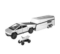 SYOEUR 1:32 pour Tesla Cybertruck Pickup RV Trailer avec Moto Modèle en Métal Moulé sous Pression Jouet Son Et Lumière Jouets Répliques Miniatures Véhicules à Moteur(Argent)