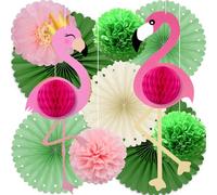 Syoulin-Décoration de la jungle,flamants roses,Décorations de fêtes hawaïennes,garden party,ventilateur en papier,pompon en papier-11 pièces