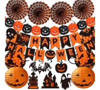 Syoulin Kit de décoration Halloween | Éventails en papier, spirale à suspendre au plafond, guirlande citrouilles, bannière de fête et lanterne en papier | Décoration pour l'intérieur et l'extérieur