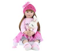 SYP Poupée réaliste Reborn - 60 cm - En silicone réaliste - Fabriquée à la main - Avec vêtements roses, tutu et bonnet au crochet - Lapin en peluche douce - Pour enfants à partir de 3 ans