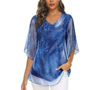 Syphiby Tunique ample et fluide à manches volantées et col en V pour femme, Bleu - Étoiles, M