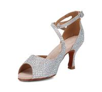 Syrads Femmes Chaussures de Danse Latine Satin Salsa Salon Mariage Danse Chaussures pour Débutant Social Salsa Soirée Danse Latine,Argent 7.5cm Heel,36 EU