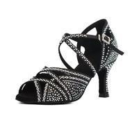 Syrads Femmes Strass Chaussures De Danse Salle De Bal Latin Salsa Dansant Talons Chaussures Peep Toe Cross Strap Femmes,Noir 7.5cm Heel,36 EU