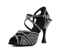 Syrads Femmes Strass Chaussures De Danse Salle De Bal Latin Salsa Dansant Talons Chaussures Peep Toe Cross Strap Femmes,Noir 9cm Heel,39 EU