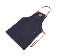 Syrisora Tablier en jean avec lanières en cuir pour boulanger/barman/cuisinier/cuisinier, Bleu jean + logo vierge, #-01