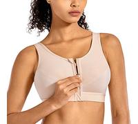 SYROKAN Soutien Gorge Femme Sport sans Armature Maintien Extreme Zippée Devant Dos Nageur Non Rembourré pour Fitness Course Jogging Beige 85D