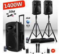 Système Actif Amplifié Batterie 1400W Port12 VHF Sonorisation karaoké Musiciens DJ USB Bluetooth Mobile + Pieds