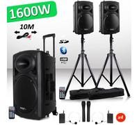 Système Actif Amplifié Batterie 1600W PORT15 VHF Sonorisation karaoké Musiciens DJ USB Bluetooth Mobile + Pieds