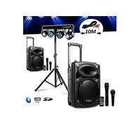 Système Amplifié sur Batterie 1000W Port10 VHF Sono Musiciens DJ USB Bluetooth Mobile 4 Micros + Portique +4 PAR /UV/FRIZTAL DMX