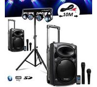 Système Amplifié sur Batterie 1000W Port10 VHF Sono Musiciens DJ USB Bluetooth Mobile 4 Micros + Portique +4 PAR /UV/FRIZTAL DMX