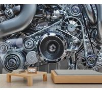 Système de courroie moteur brillant en gros plan - Décoration murale pour passionnés d'automobile, idéale pour garage, cave à homme et intérieurs d'atelier automobile 300x230cm (Non autocollant)