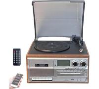 Système De Divertissement Rétro 10 en 1, Lecteur Cassettes Bluetooth avec Télécommande, Écran Couleur LED, Haut-parleurs Intégrés, Radio AM/FM, Platine Vinyle À 3 Vitesses, CD Numériseur(Brown)