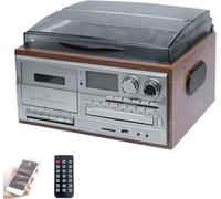 Système De Divertissement Rétro 10 en 1, Lecteur Cassettes Bluetooth avec Télécommande, Écran Couleur LED, Haut-parleurs Intégrés, Radio AM/FM, Platine Vinyle À 3 Vitesses, CD Numériseur(Light Brown)