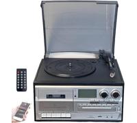 Système De Divertissement Rétro 10 en 1, Lecteur Cassettes Bluetooth avec Télécommande, Écran Couleur LED, Haut-parleurs Intégrés, Radio AM/FM, Platine Vinyle À 3 Vitesses, CD Numériseur(Black)
