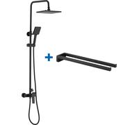Système de douche 2 fonctions Auralum + porte-serviettes à deux bras en acier inoxydable, kit de douche avec pommeau de pluie, douchette à main, noir