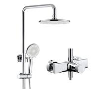 Système de douche 22,9 cm, ensemble robinet mural avec à effet pluie et kit garniture bec baignoire, pulvérisateur main 3 modes pommeau rond, gris pistolet(Chrome)