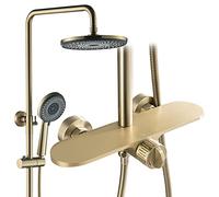 Système de douche 25,4 cm, ensemble robinet mural avec à effet pluie et kit garniture poignée unique bec baignoire, pulvérisateur main pommeau rond, gris pistolet(Brushed Gold)