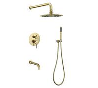 Système de douche à effet pluie avec bec baignoire cascade, ensemble robinet en or brossé 3 fonctions contenant un pommeau 8 pouces et kit garniture laiton main